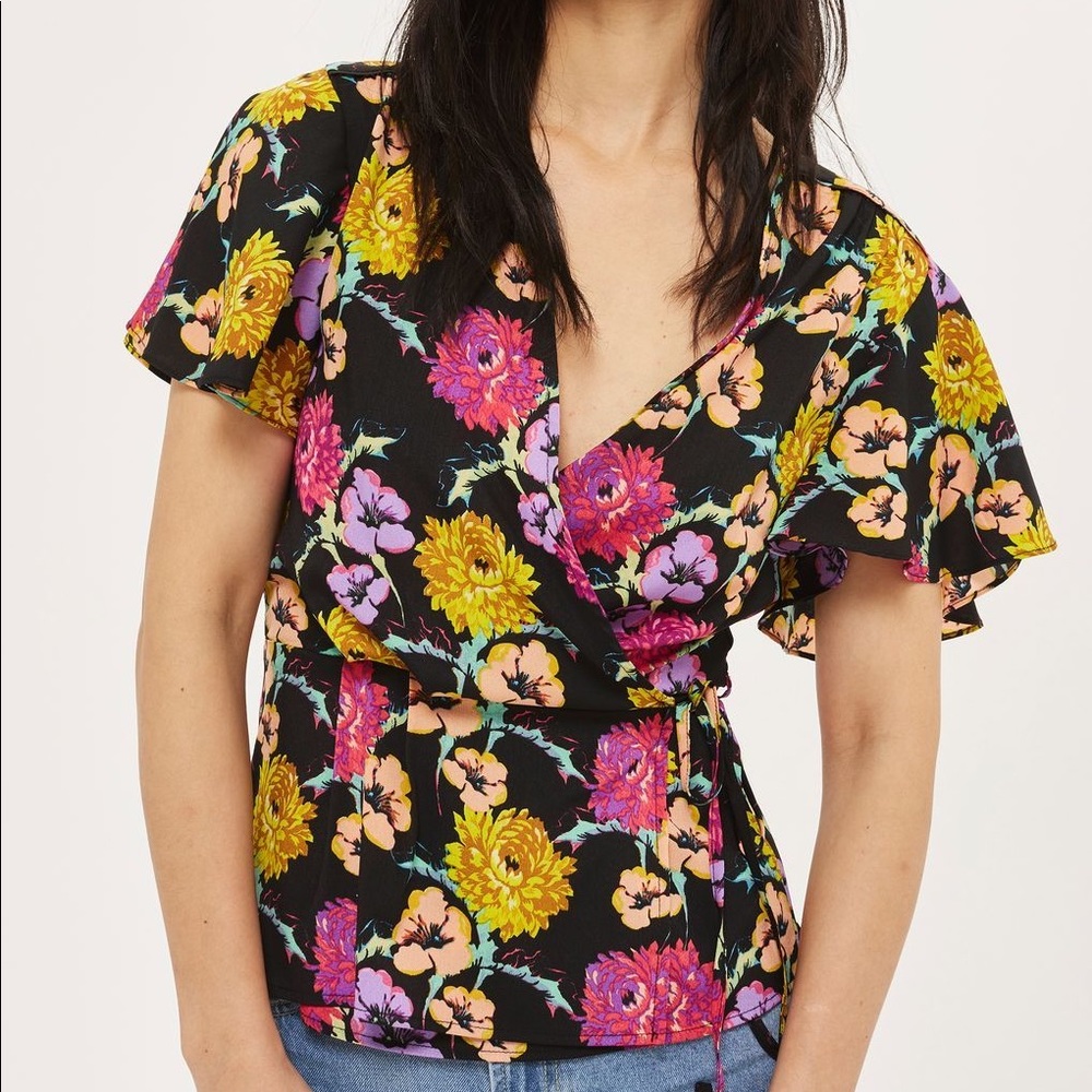 TOPSHOP Women's V Neck Wrap Shirt Floral 6